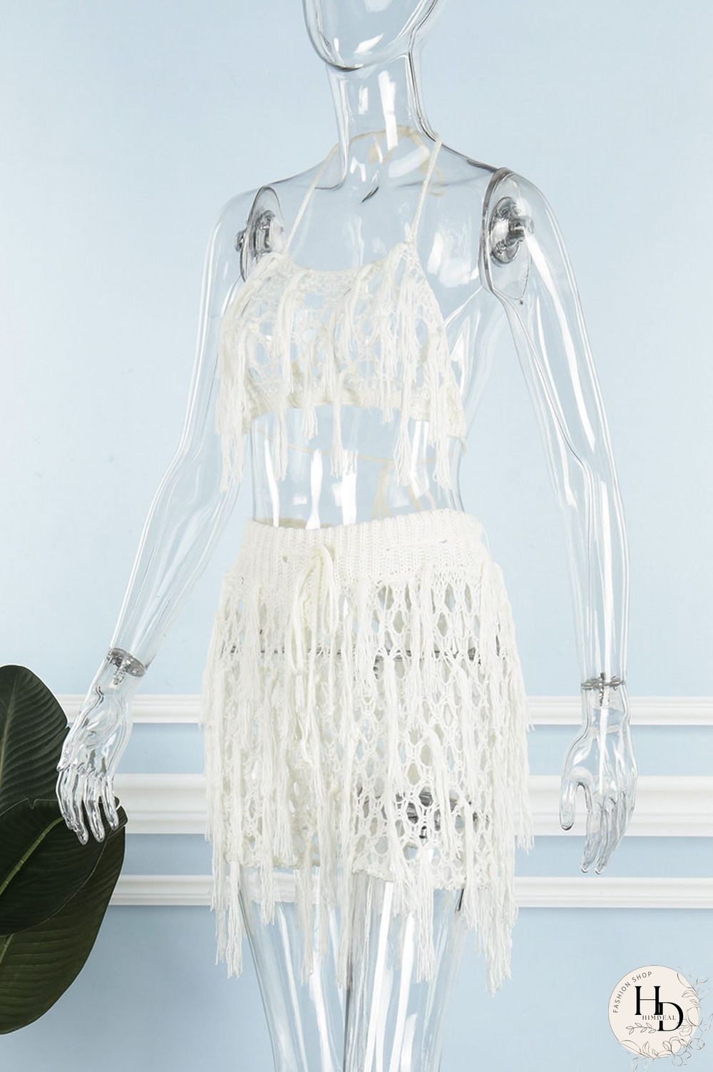 Rose Red Sexy Solid Tassel Hollowed Out Patchwork Halter Sleeveless Two Pieces