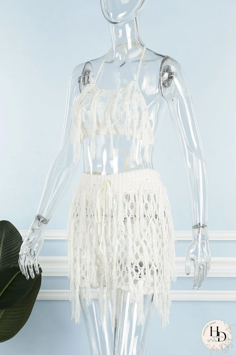 Rose Red Sexy Solid Tassel Hollowed Out Patchwork Halter Sleeveless Two Pieces