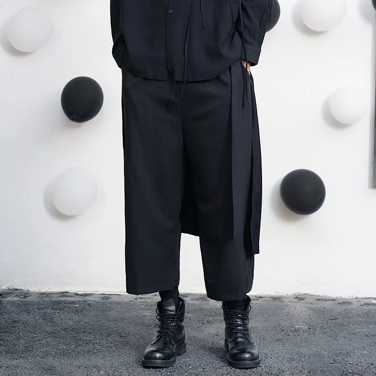 Dawfashion Techwear Streetwear-Japanese Style Fresh Solid Color Dark Style Casual Wide-leg Cropped Culottes Pants-Streetfashion-Darkwear-Techwear