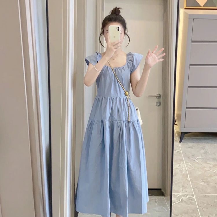 Loose A-Line Summer Dr Blue Square Collar Wind Age-Reducing Small Fly Sve plus Size 300 Pou Meat Concealing Slimming