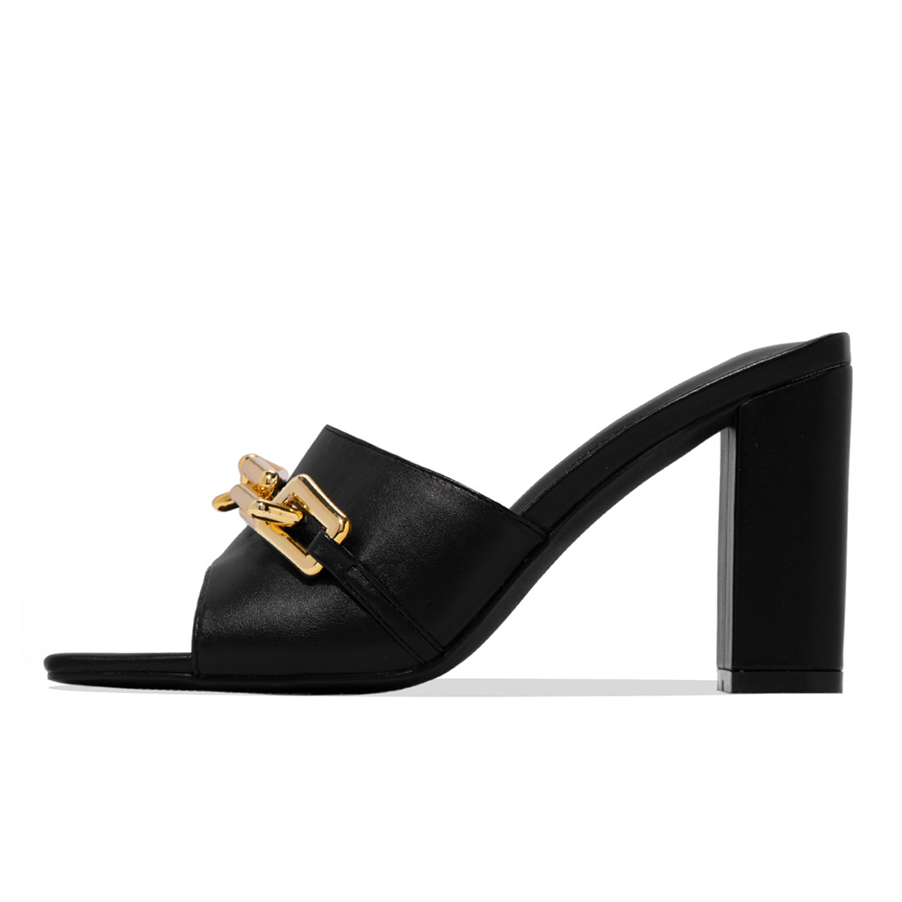 Black Vegan Leather Square Toe 4'' Chunky Heel Gold Chain Mules Nicepairs