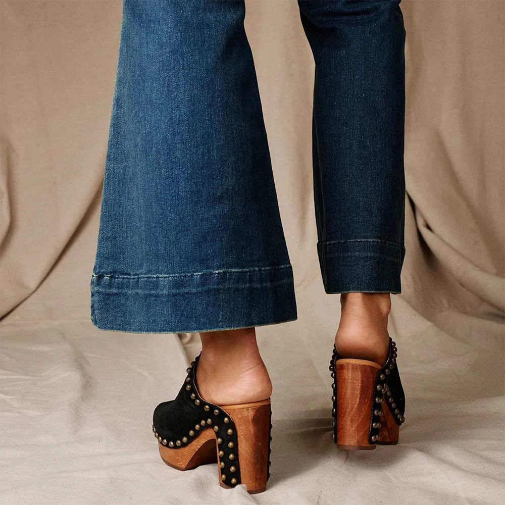 Black Peep Toe Block Heel Studded Clogs Platform Mules Sandals