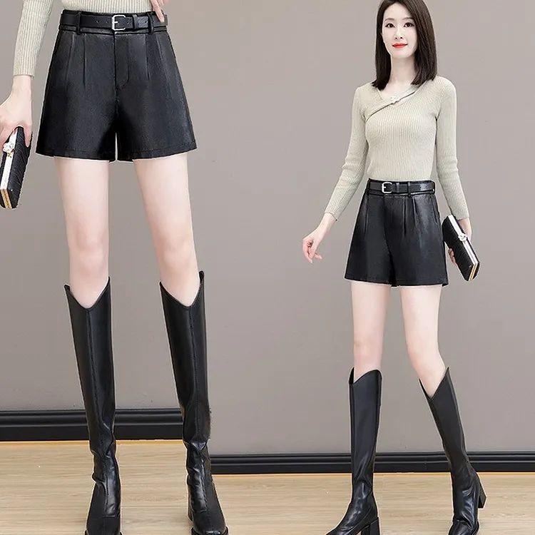 High Waisted A - Line Faux Leather Shorts for Women