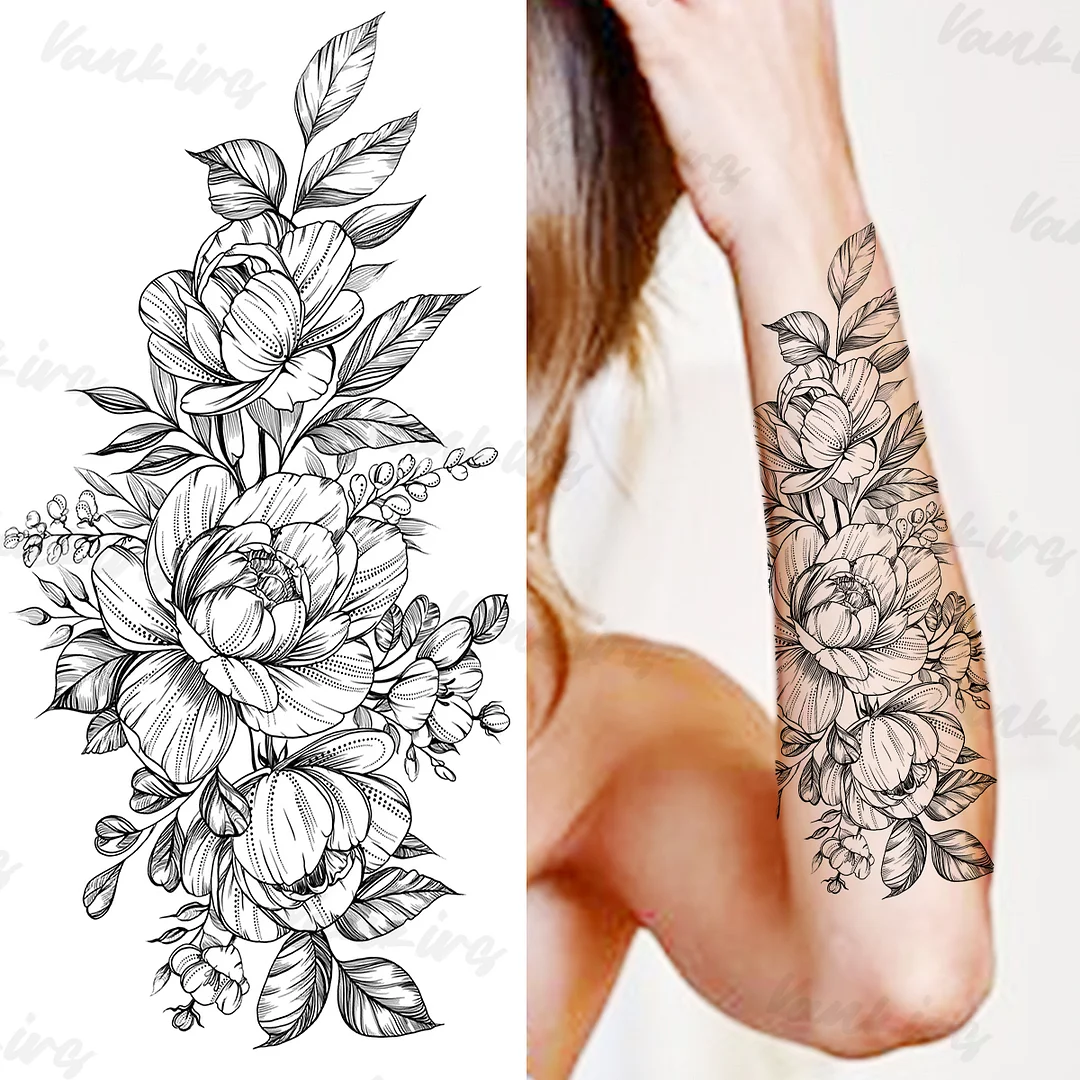 Sdrawing Peony Butterfly Temporary Butterfly Tattoos For Women Girls Realistic Snake Sun Fake Tattoo Sticker Leg Body Tatoos
