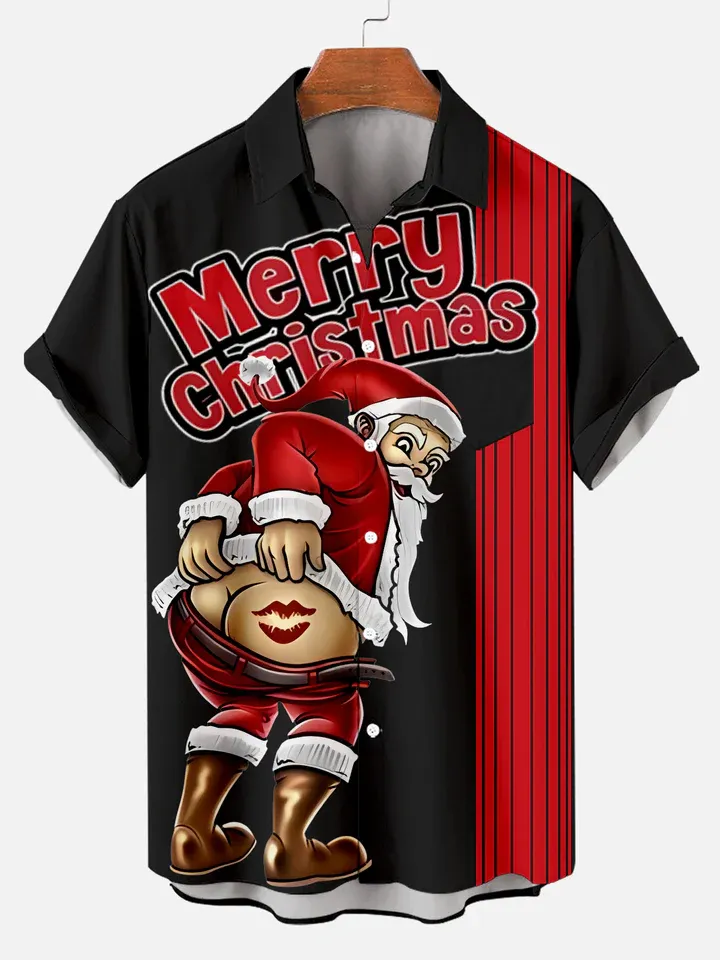 Mens Merry Christmas Santa Lips Plus Size Christmas Style Short Sleeve Shirt