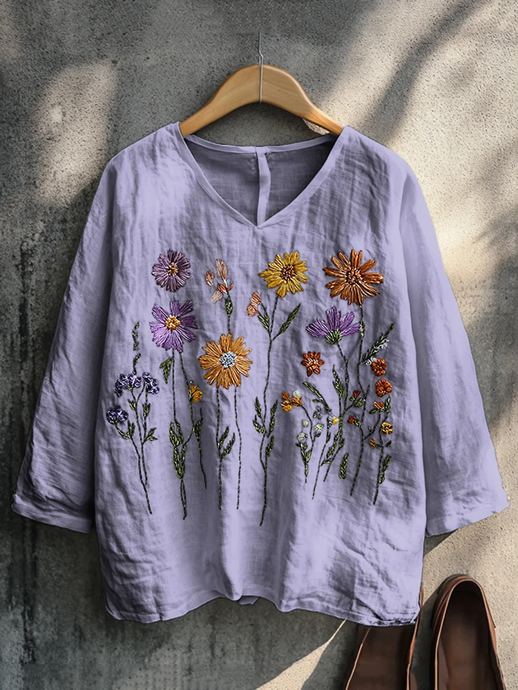 VChics Boho Floral Embroidery Print Cotton And Linen Blend Loose Blouse