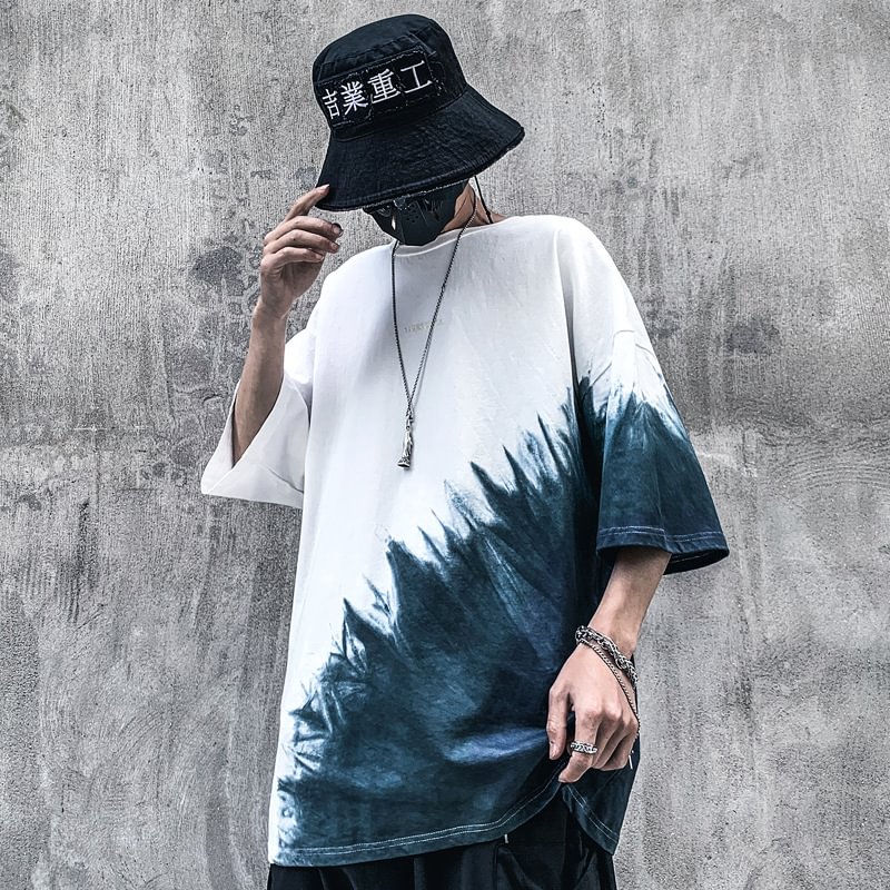 New loose tie-dye color matching five-point sleeves Korean version simple and fashionable half-sleeved t-shirt top