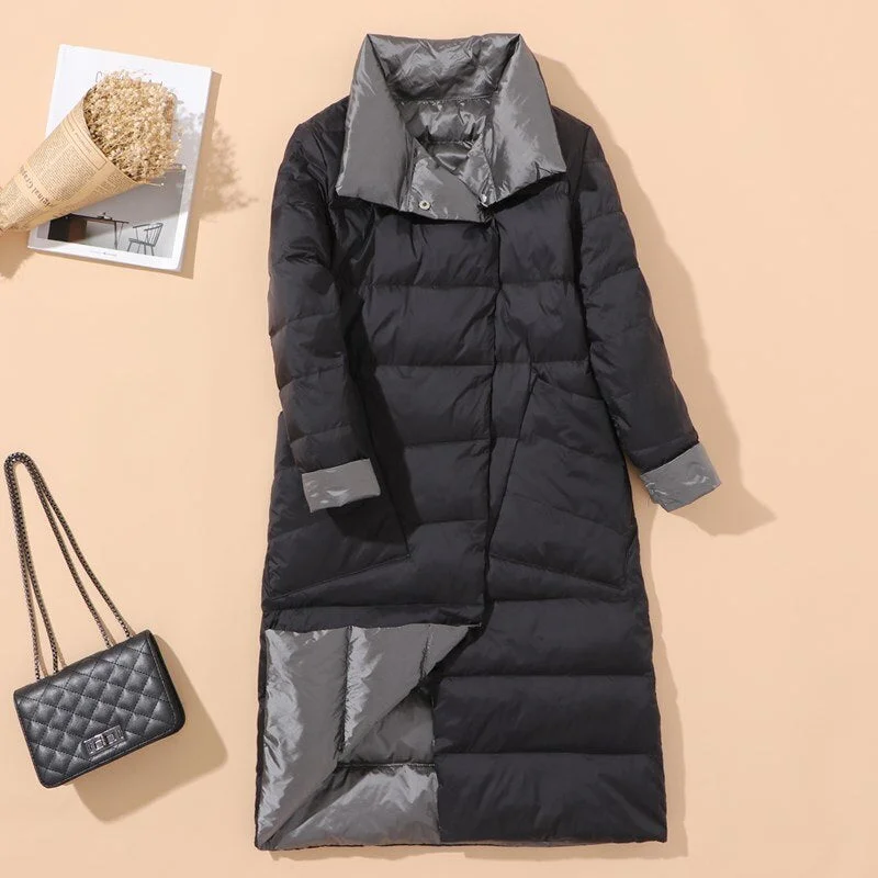 FTLZZ New Autumn Winter Women Double Sided Ultra Light Long Down Coat 90% White Duck Down Parkas Warm Snow Plaid Outwear