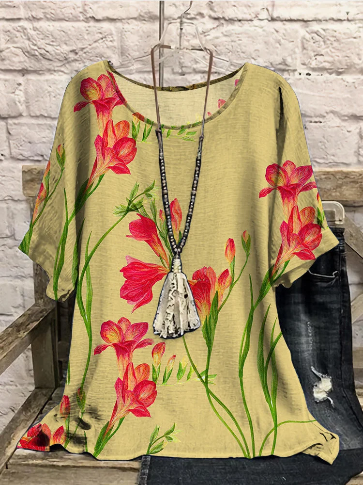 Women Half Sleeve Scoop Neck Floral Printed Yellow Women Tops