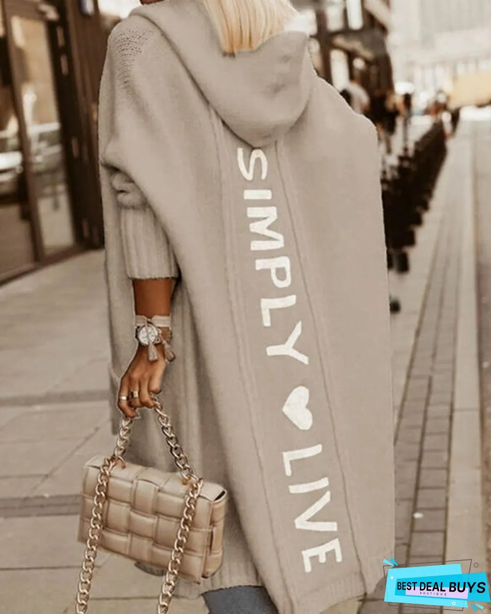 Letter Heart Print Long Line Hooded Cardigan