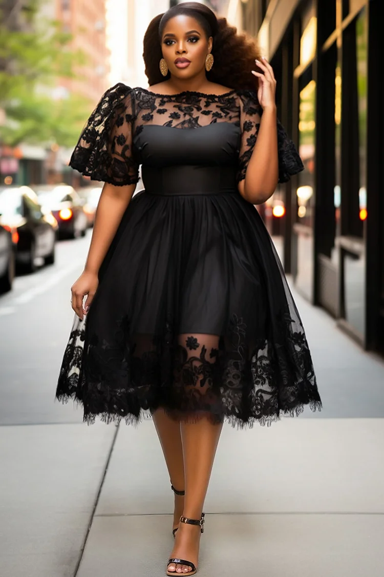 Xpluswear Design Plus Size Cocktail Party Black Boat Neck See Through Elegant Lace Tulle Midi Dresses [Pre-Order] 2024 - Xpluswear