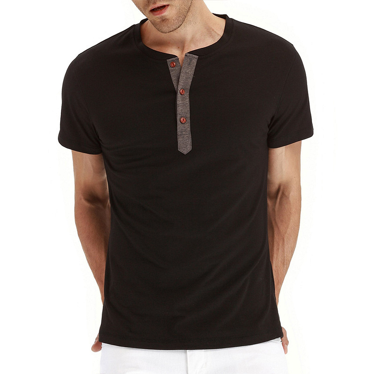 Cotton Men's Solid Casual Short Sleeve Henley Shirts at Hiphopee
