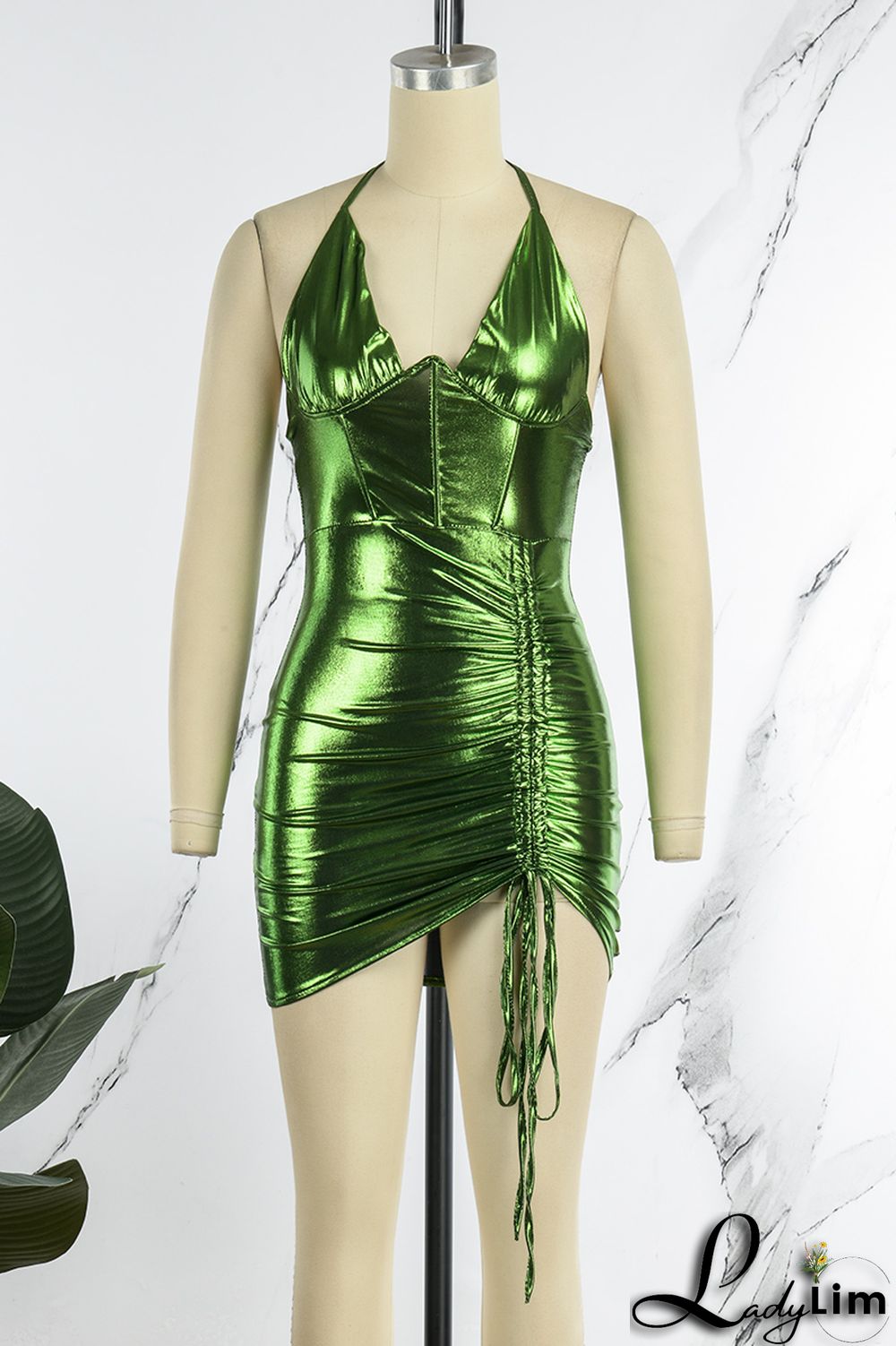 Silver Sexy Solid Bandage Backless Fold Halter Sleeveless Dress Dresses