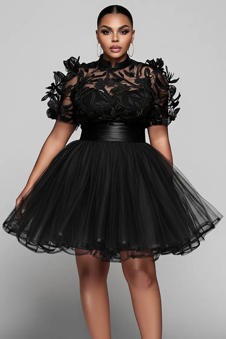 Xpluswear Design Plus Size Party Tulle Black Mandarin Collar Short Sleeve See Through Contrast Lace Mini Dresses [Pre-Order] 2024 - Xpluswear