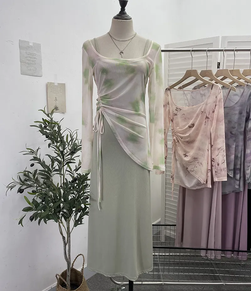 Churchf Dizzling U-Neck Rope Long-Sleeved Mesh Yarn Coat + Sling On The Back Of The Long Dress Two Sets 8859