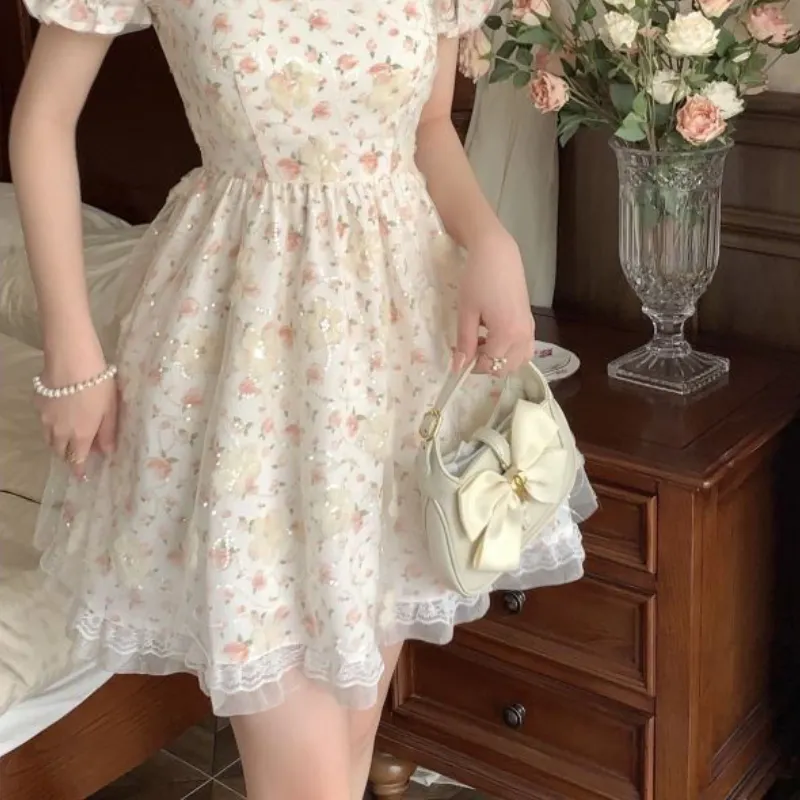 Uveng Mini Dresses Women Tender Sweet Summer Puff Sleeve Princess Vestidos Elegant Ladies Vintage Prairie Chic Fashion Casual