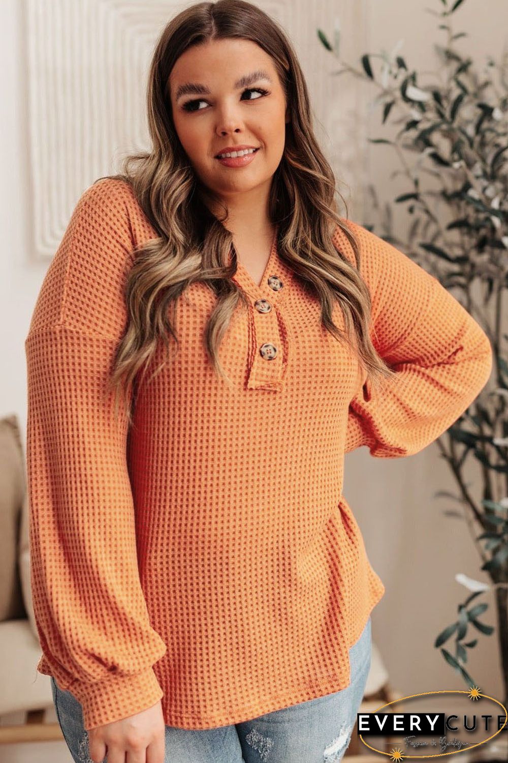 Orange Buttoned V Neck Waffle Knit Plus Size Top