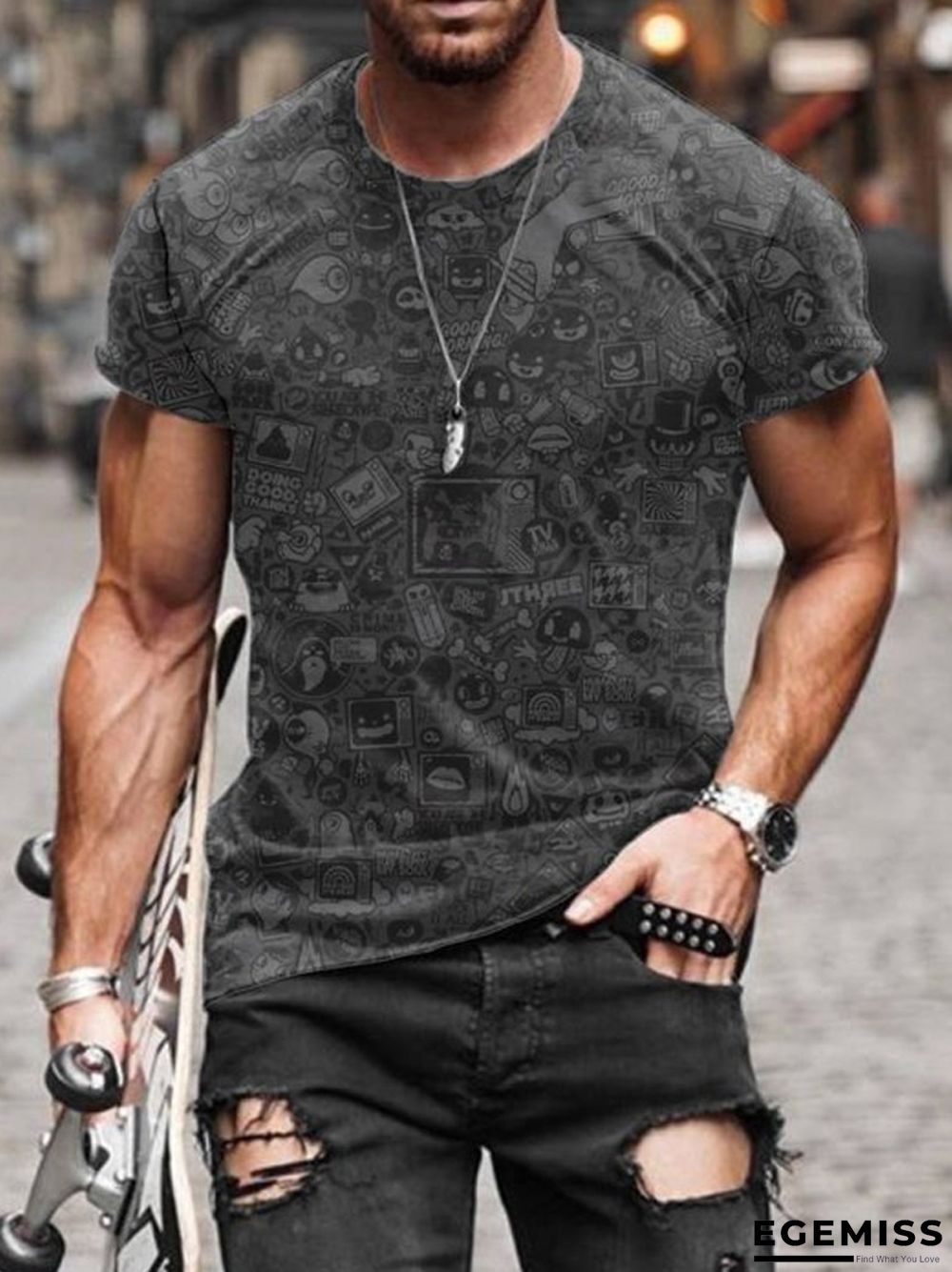 3D Digital Printed Gray Graffiti Art Men's Casual T-shirt | EGEMISS