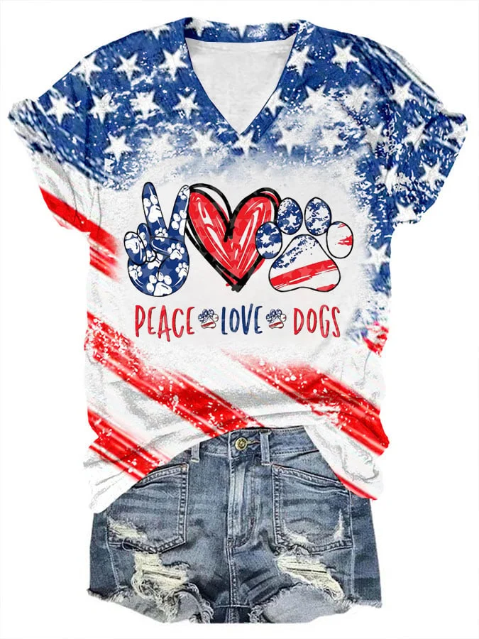 Women's Independence Day Peace Love Dog Paw Print V Neck Casual T-Shirt socialshop