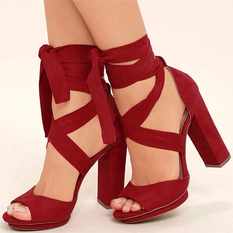 Custom Made Red Strappy Chunky Heel Sandals |FSJ Shoes
