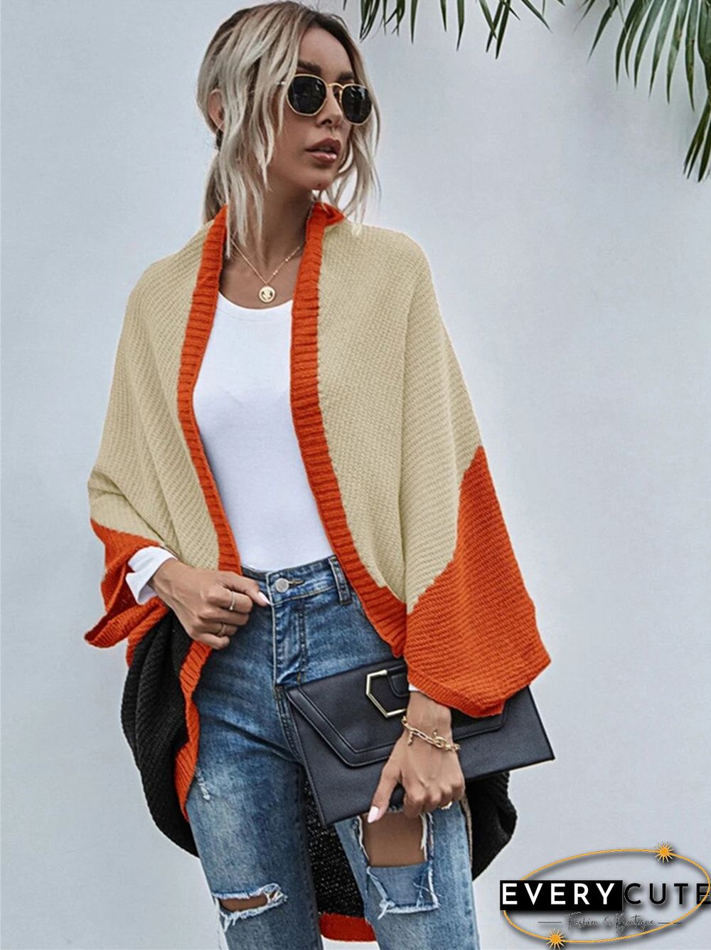 Contrast Shawl Knitted Cardigan Sweater