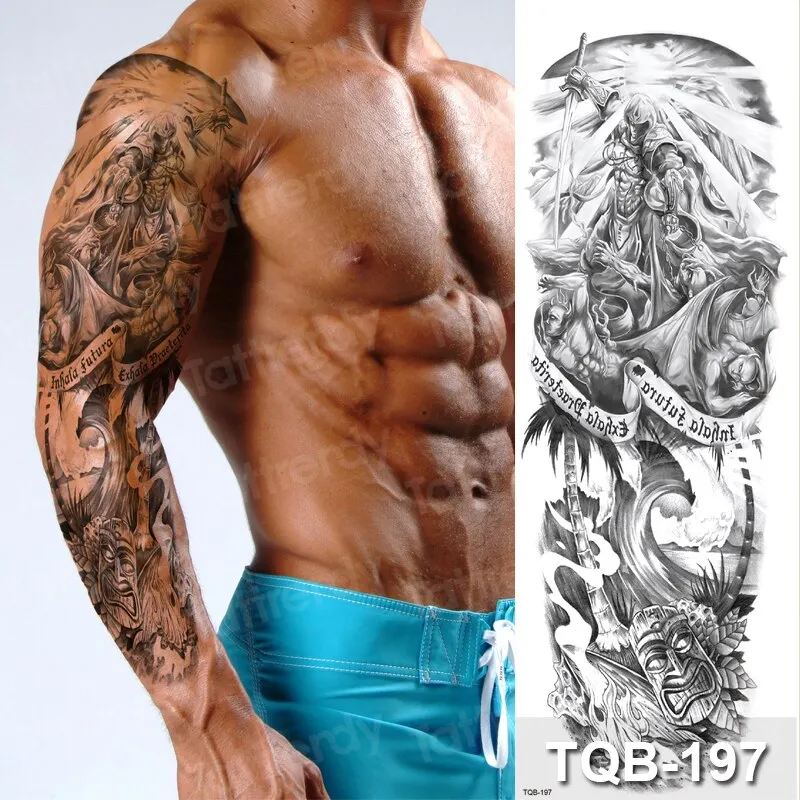 temporary tatoo men large waterproof temporary arm sleeve tattoo black robot mechanical tattoos tribal lion head king fox design