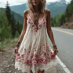 Boho Pink Roses Embroidered Flowy Mini Cami Dress - Image 2