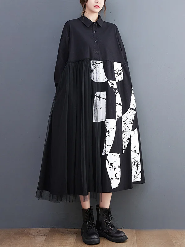 Casual Long Sleeves Loose Contrast Color Split-Joint Lapel Collar Midi Dresses