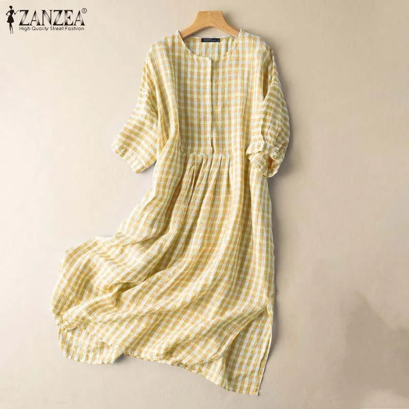 2022 ZANZEA Women Vintage Plaid Dresses Vestidos Summer Puff Sleeve Midi Dress Sundress Casual A-line Baggy Oversized Robe Femme