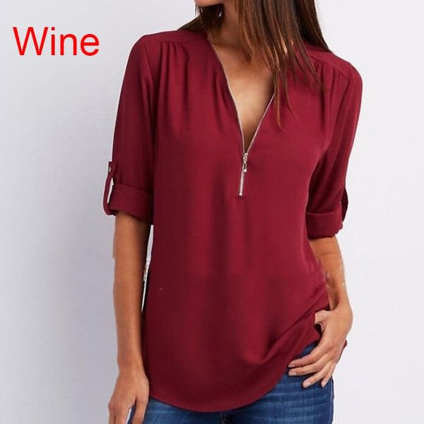 Plus Size Women's Fashion Chiffon Shirt V-neck Long Sleeve Loose Tops Zipper T-Shirt( S-4XL) - Chicaggo