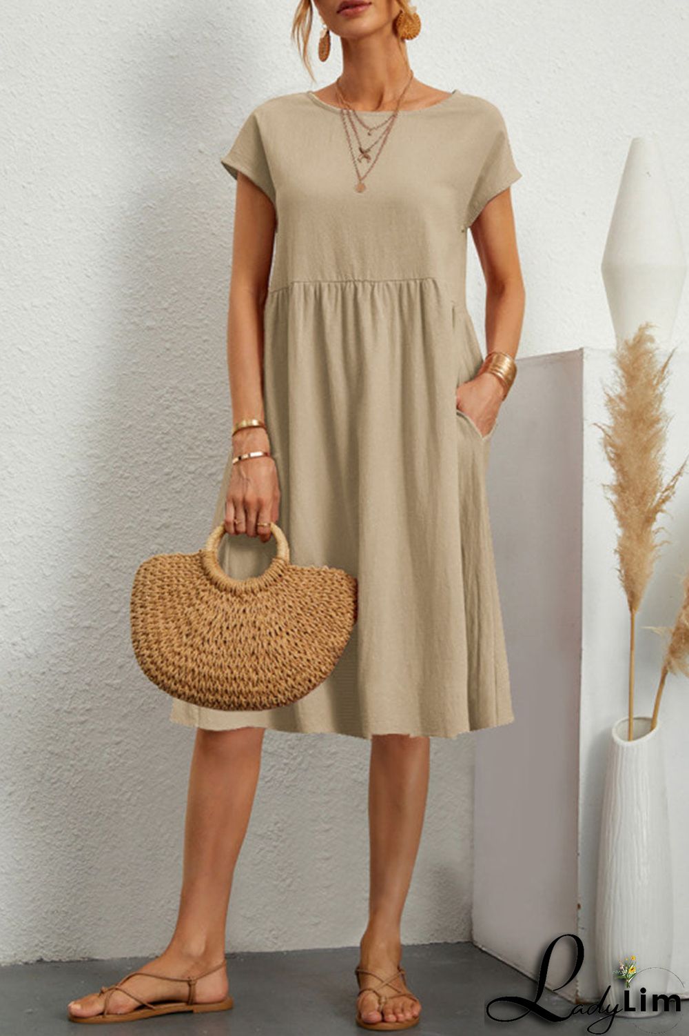 Casual Solid Patchwork O Neck A Line Short Sleeve Dress(11 colors)