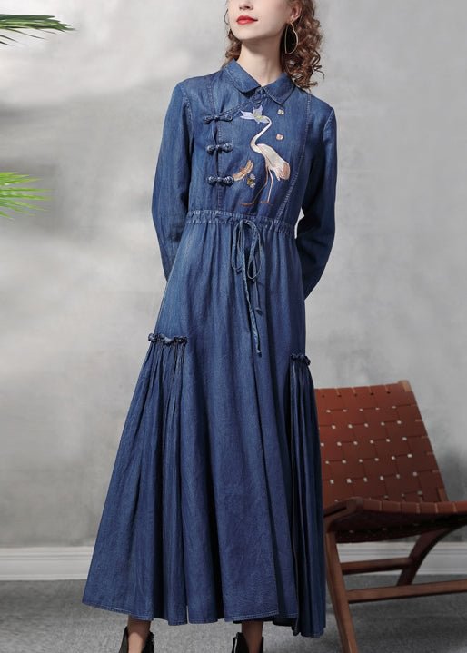 Plus Size Blue drawstring wrinkled Peter Pan Collar Embroideried Patchwork Cotton Maxi Dresses Long Sleeve CK3012- Fabulory