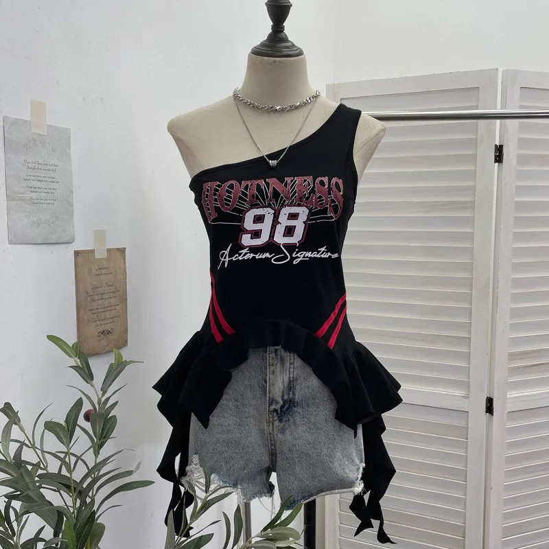 Nigikala Nigikala Shooting Hottie Slant Shoulder Short Letter Print T-Shirt Summer Waist Thin Sling Vest Sleeveless Top 2736