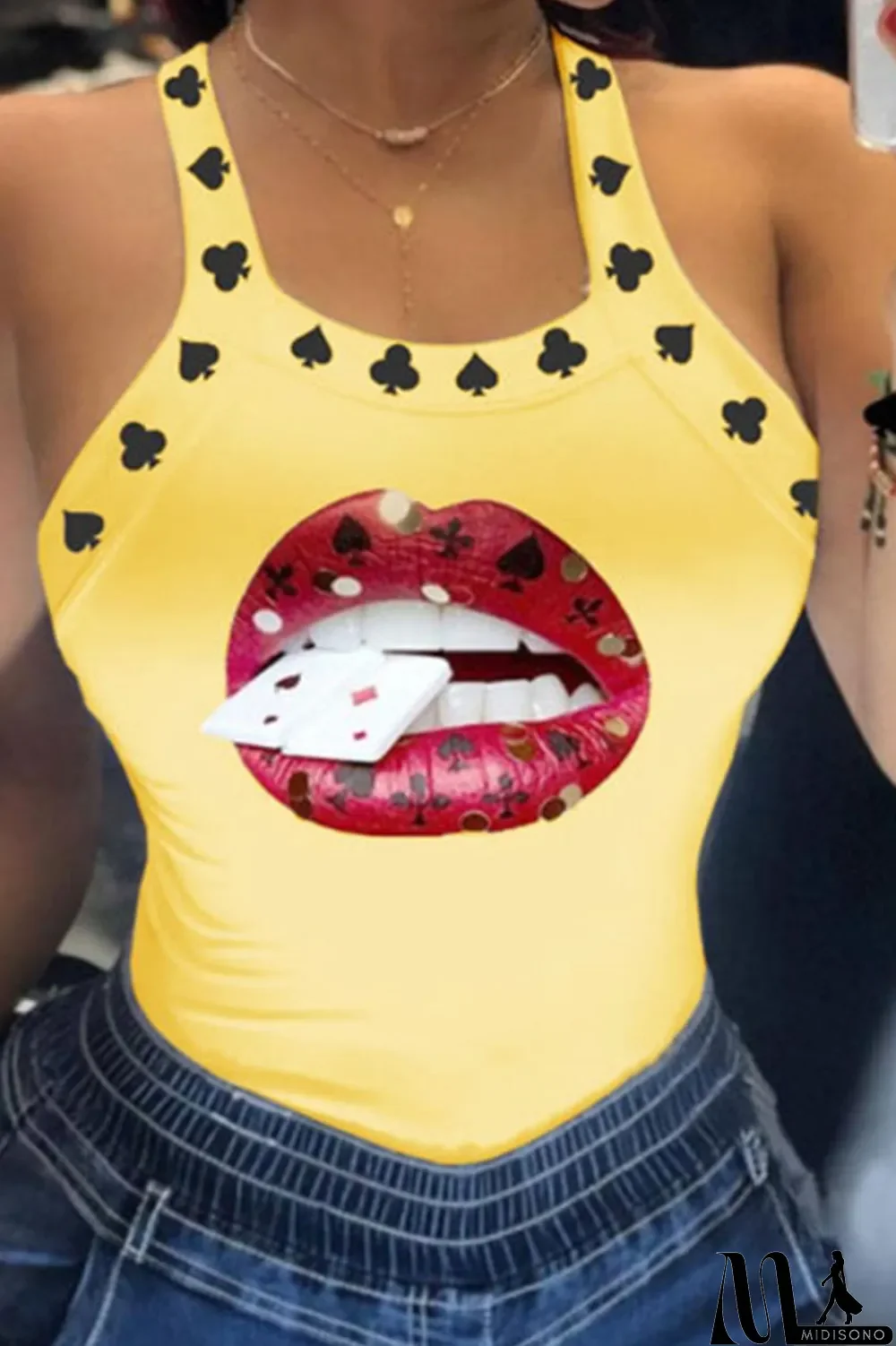 MidiSono - Red Sexy Print Patchwork U Neck Tops