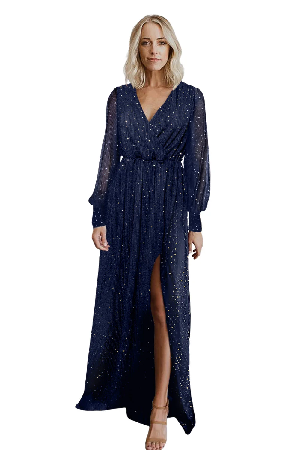 Women Dark Blue Side Split Rhinestone V Neck Maxi Dress