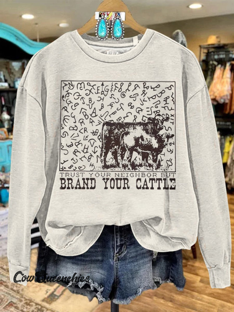 Beige Vintage Cattle Brands Cow Trust Your Neighbor But Brand Print Casual Sweatshirt Multicolor / S