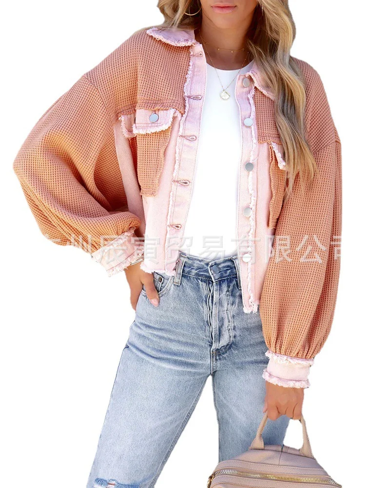 Toloer The Ins New Autumn / Winter Ladies Cotton Waffle Denim Patchwork Niche Loose Jacket Jacket-Outfit Ideas