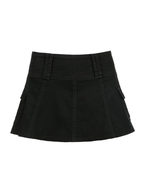 Solid Color Pockets Back Zipper Denim Pleated Mini Skirt with Underwear