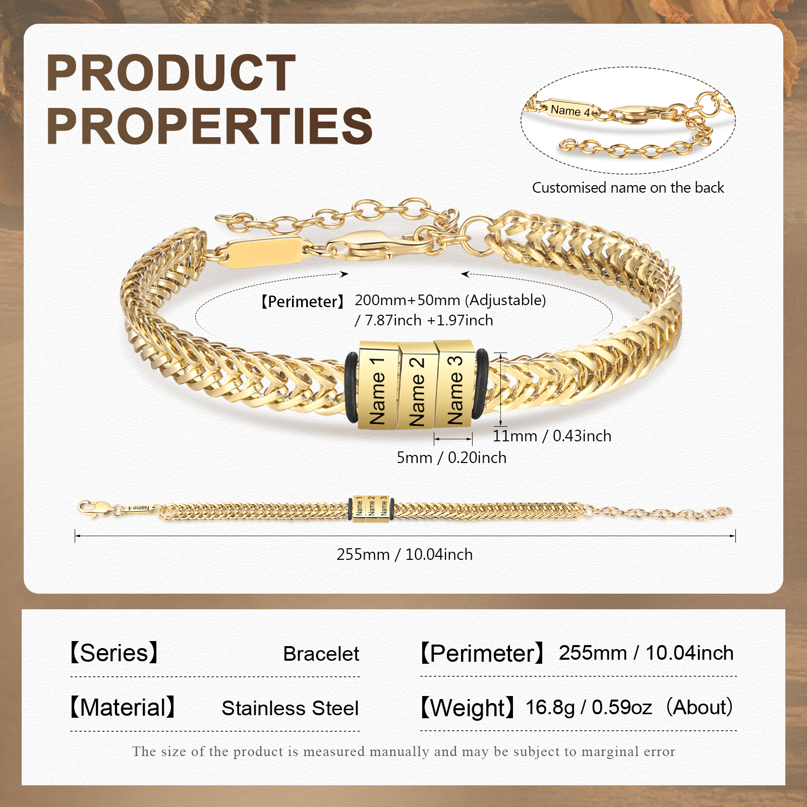 Braccialetto acciaio inox personalizzato con 4 nomi per uomo