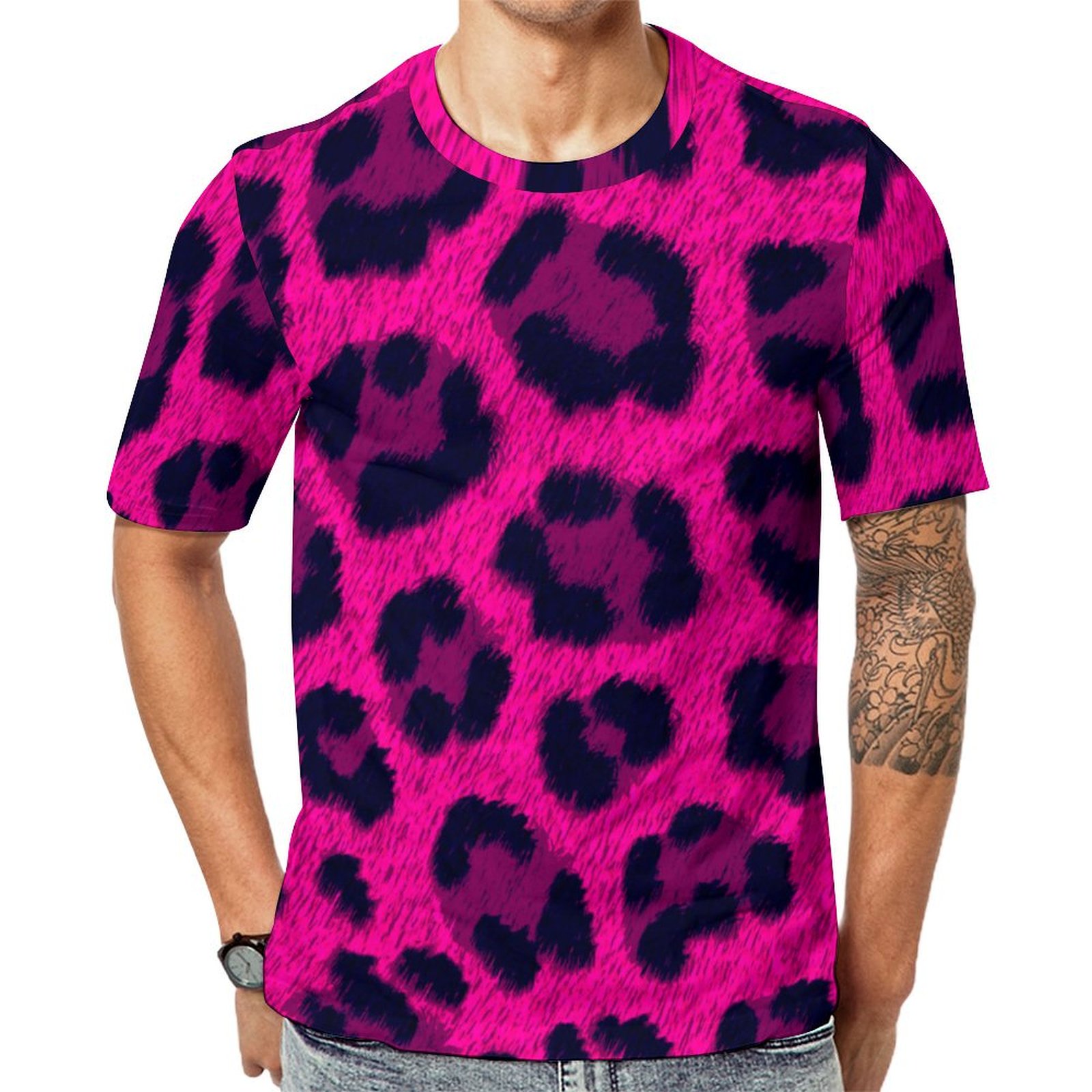 Hot Pink Leopard Print Short Sleeve Print Unisex Tshirt Summer Casual Tees for Men and Women Coolcoshirts