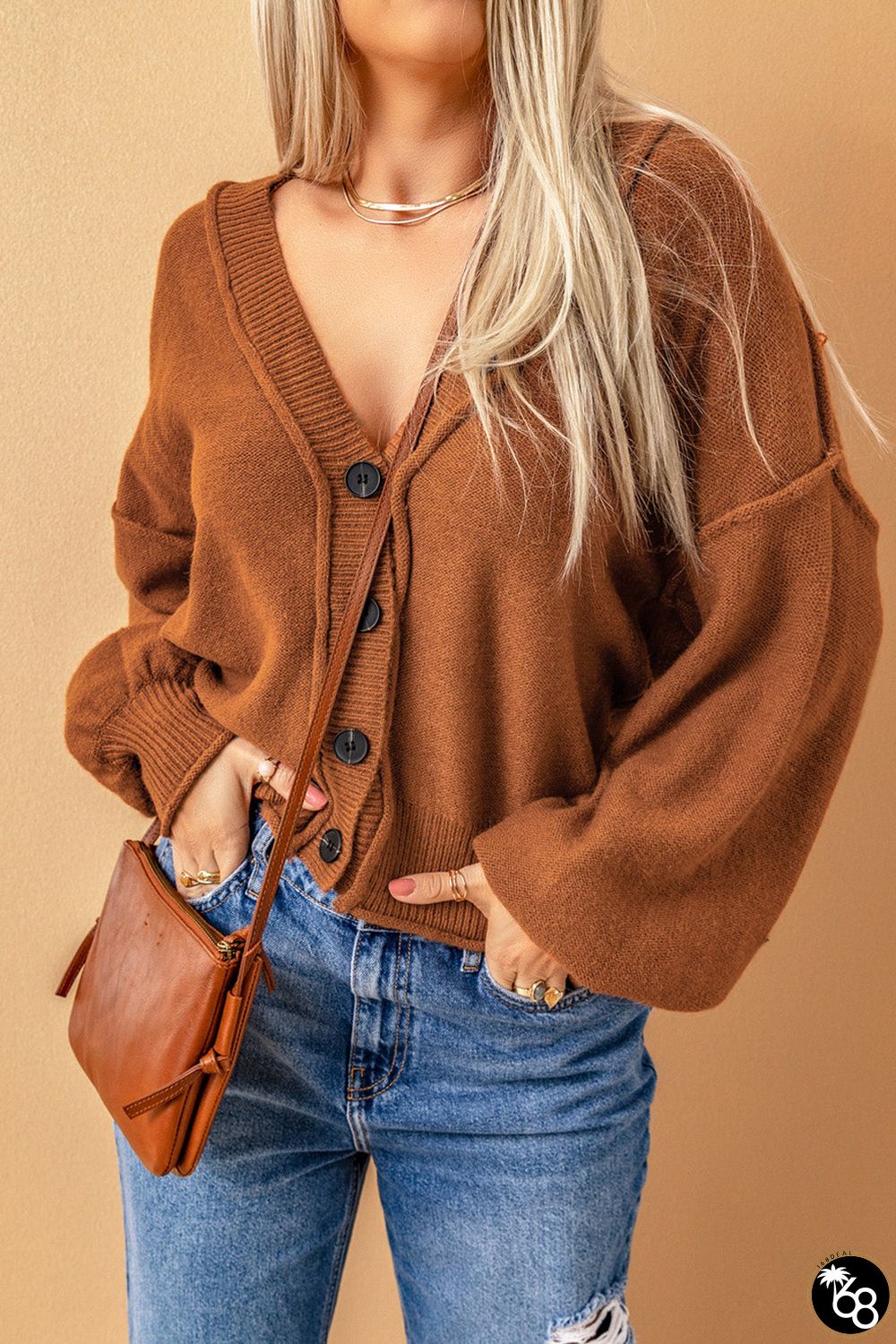 Reverse Seam Trim Puff Sleeve Plunging Cardigan | 168DEAL