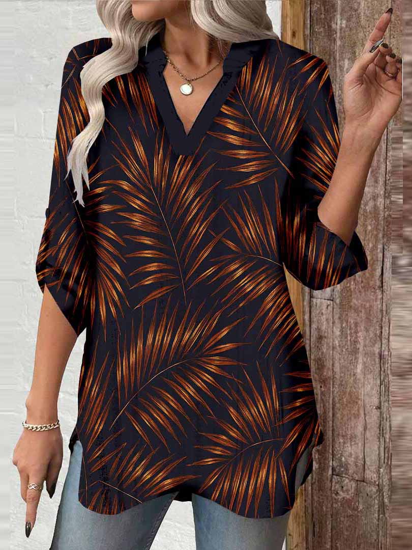 Women Black, Leaves, Orange DZGA0380 3/4 Sleeve V-neck Printed Graphic Button Tops