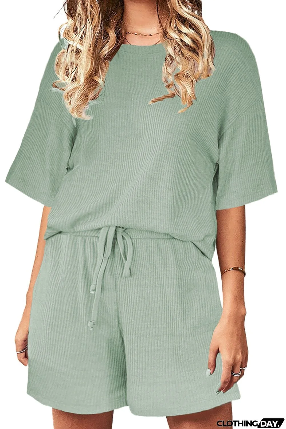 Khaki Crew Neck Short Sleeve Ribbed Lounge Set