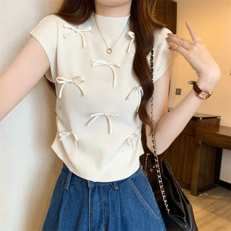 Uveng Uveng Wind Gentle Niche Bow High-Neck Short Sleeve New T-Shirt Summer Slimming Short Blouses Ins