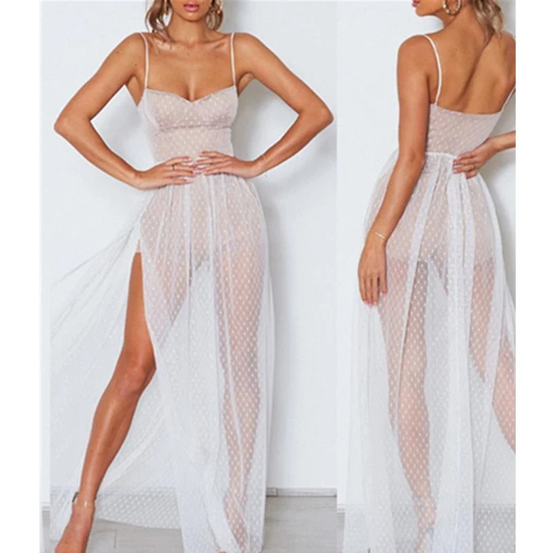 Mesh Transparent Dress New Sexy Fashion Women Black Gauze See Through Sleeveless Sheer Causal Summer Long Maxi Dress Outwear W3