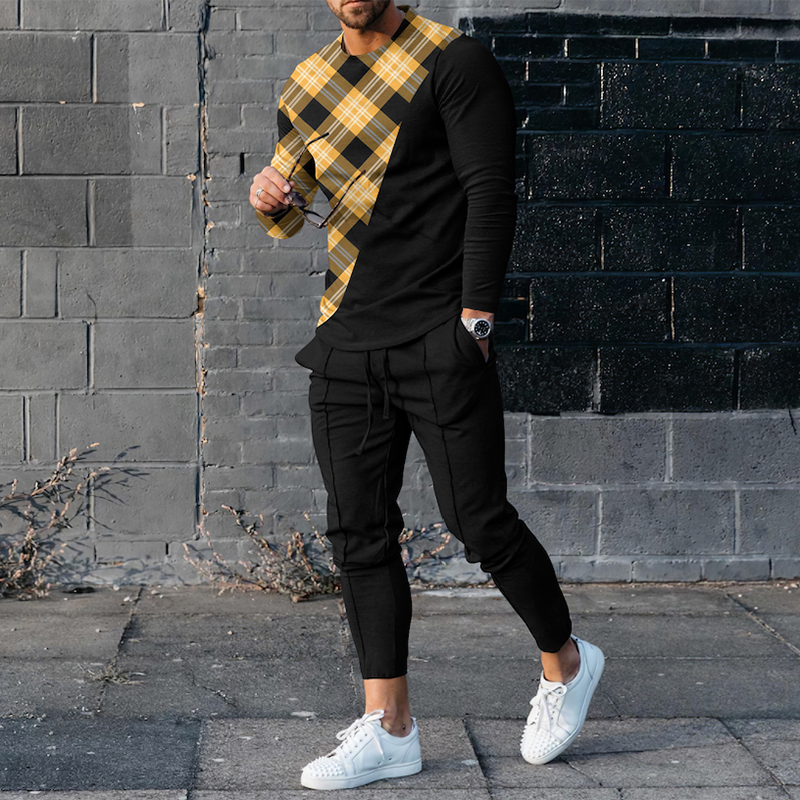 Men's Check Personalized Patchwork Long Sleeve T-Shirt And Pants  Two Piece Set