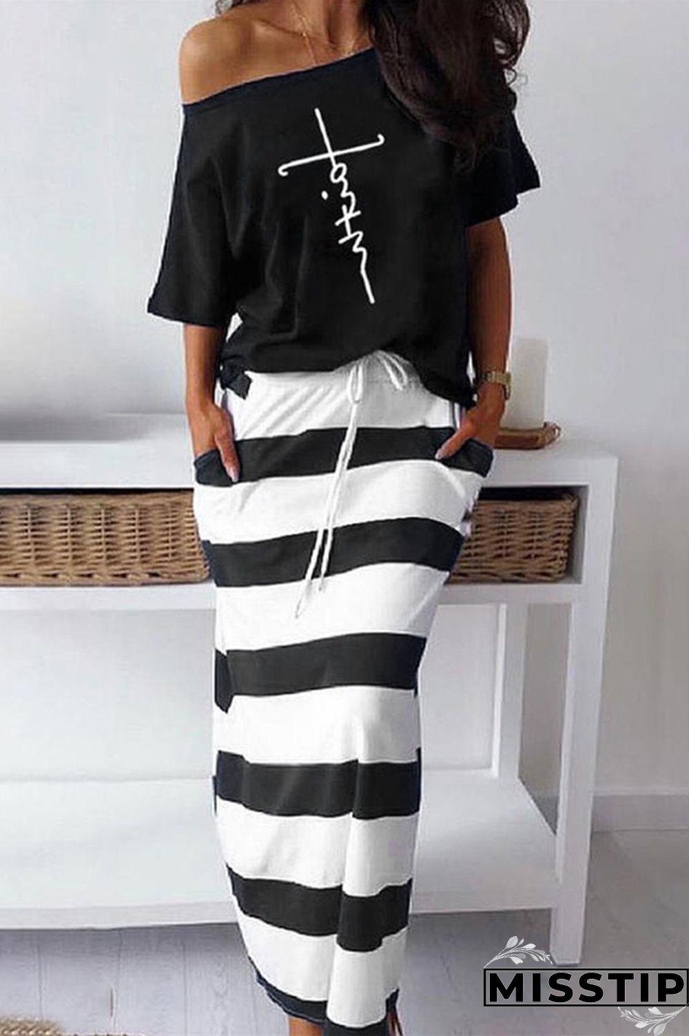 Black White Fashion Casual Print Patchwork Oblique Collar Short Sleeve Two Pieces