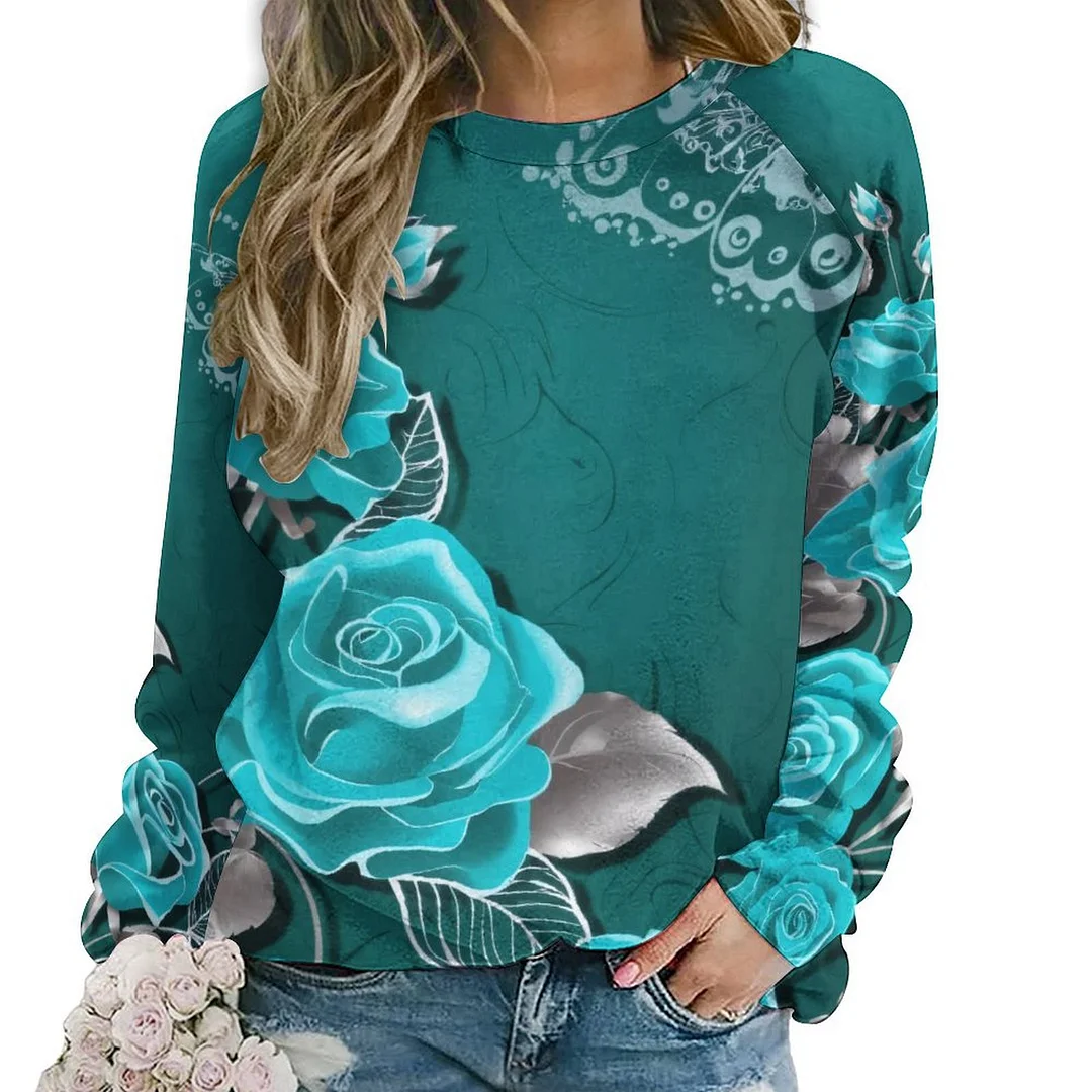 Printed Long Sleeve Casual Sweatshirt for  Women and Men Unisex Pattern Floral, Turquoise, Rose