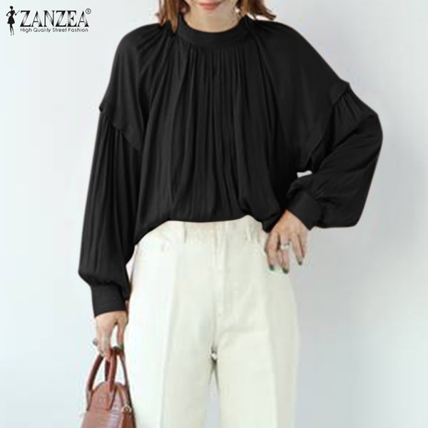 ZANZEA Women Tops Blouse Solid O Neck Full Sleeve Pleated Casual Loose Holiday Spring Shirt Plus - Shop Trendy Women's Fashion | TeeYours