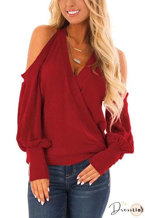 Meridress Wrap V Neck Cold Shoulder Lantern Sleeve Top